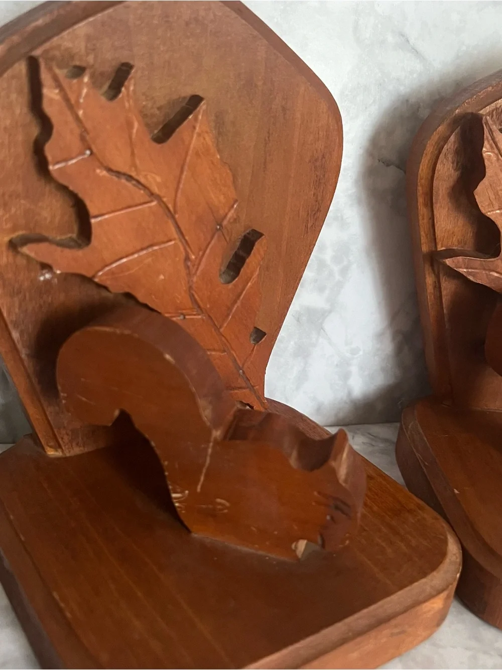 Handcrafted Brown Wooden Book Ends Leaf Accent